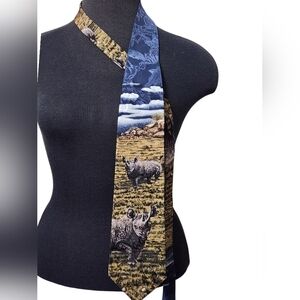 EUC Vintage Silk Rhino Print Necktie In Blue, Tan And Gray